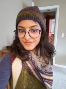 shelly wears a colorwork hat and shawl